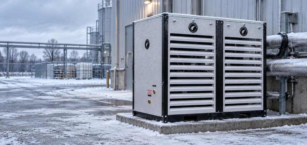 G&D glycol chiller outdoors in frosty winter conditions